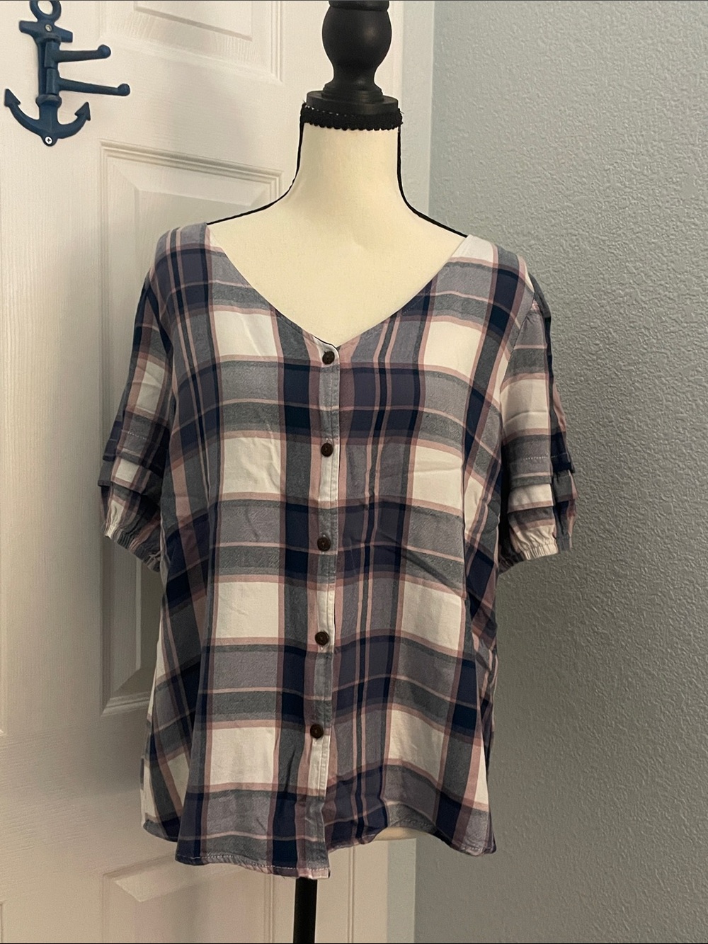 Como Vintage Blue and Lavender Plaid Button-Down Shirt